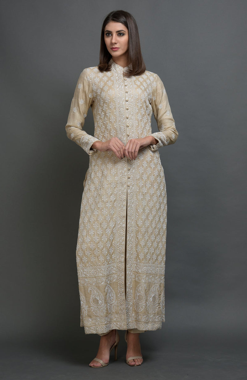 Desert Sage Chikankari Embroidered Jacket Suit