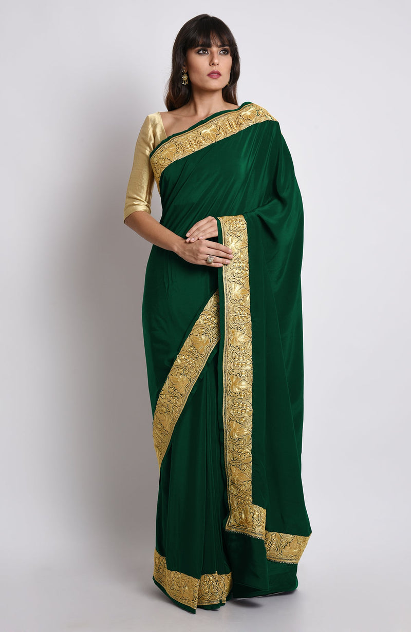 Emerald Kashmiri Tilla Embroidered Pure Crepe Saree