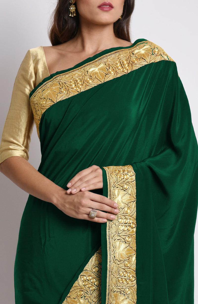 Emerald Kashmiri Tilla Embroidered Pure Crepe Saree