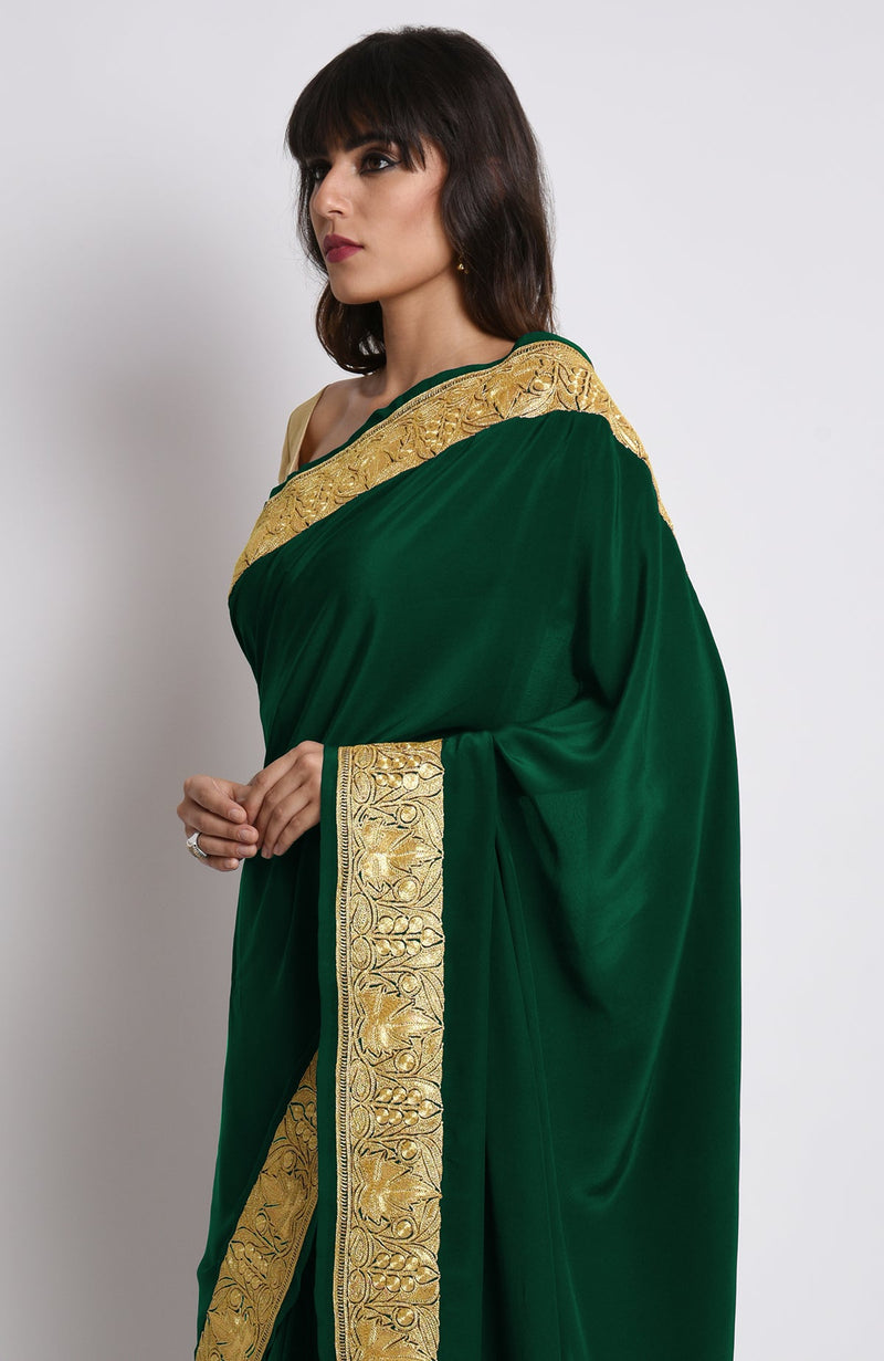 Emerald Kashmiri Tilla Embroidered Pure Crepe Saree