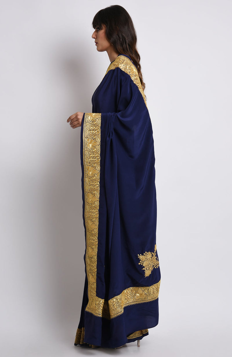 Midnight Blue Kashmiri Tilla Embroidered Pure Crepe Saree