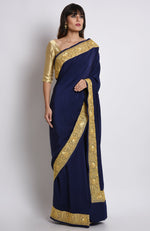 Midnight Blue Kashmiri Tilla Embroidered Pure Crepe Saree