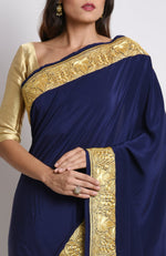 Midnight Blue Kashmiri Tilla Embroidered Pure Crepe Saree