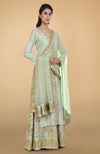 Sage Green Gold Tilla Aari Embroidered Raw Silk Lehenga Set