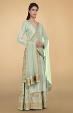Sage Green Gold Tilla Aari Embroidered Raw Silk Lehenga Set