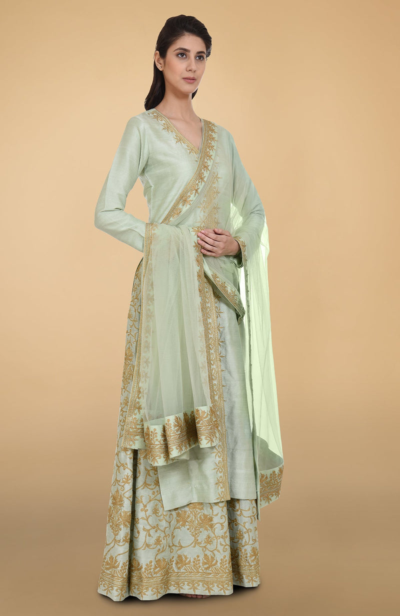 Sage Green Gold Tilla Aari Embroidered Raw Silk Lehenga Set