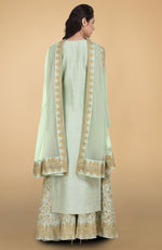 Sage Green Gold Tilla Aari Embroidered Raw Silk Lehenga Set