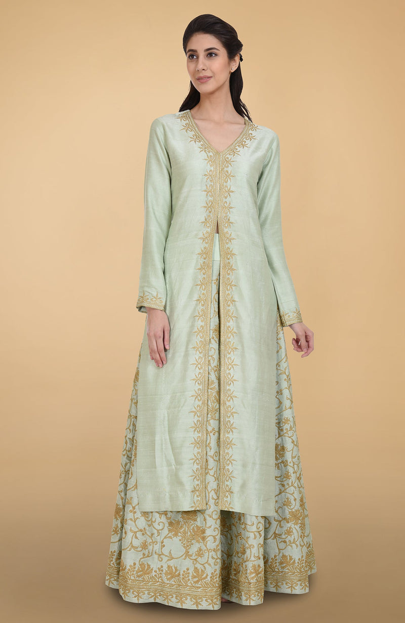 Sage Green Gold Tilla Aari Embroidered Raw Silk Lehenga Set