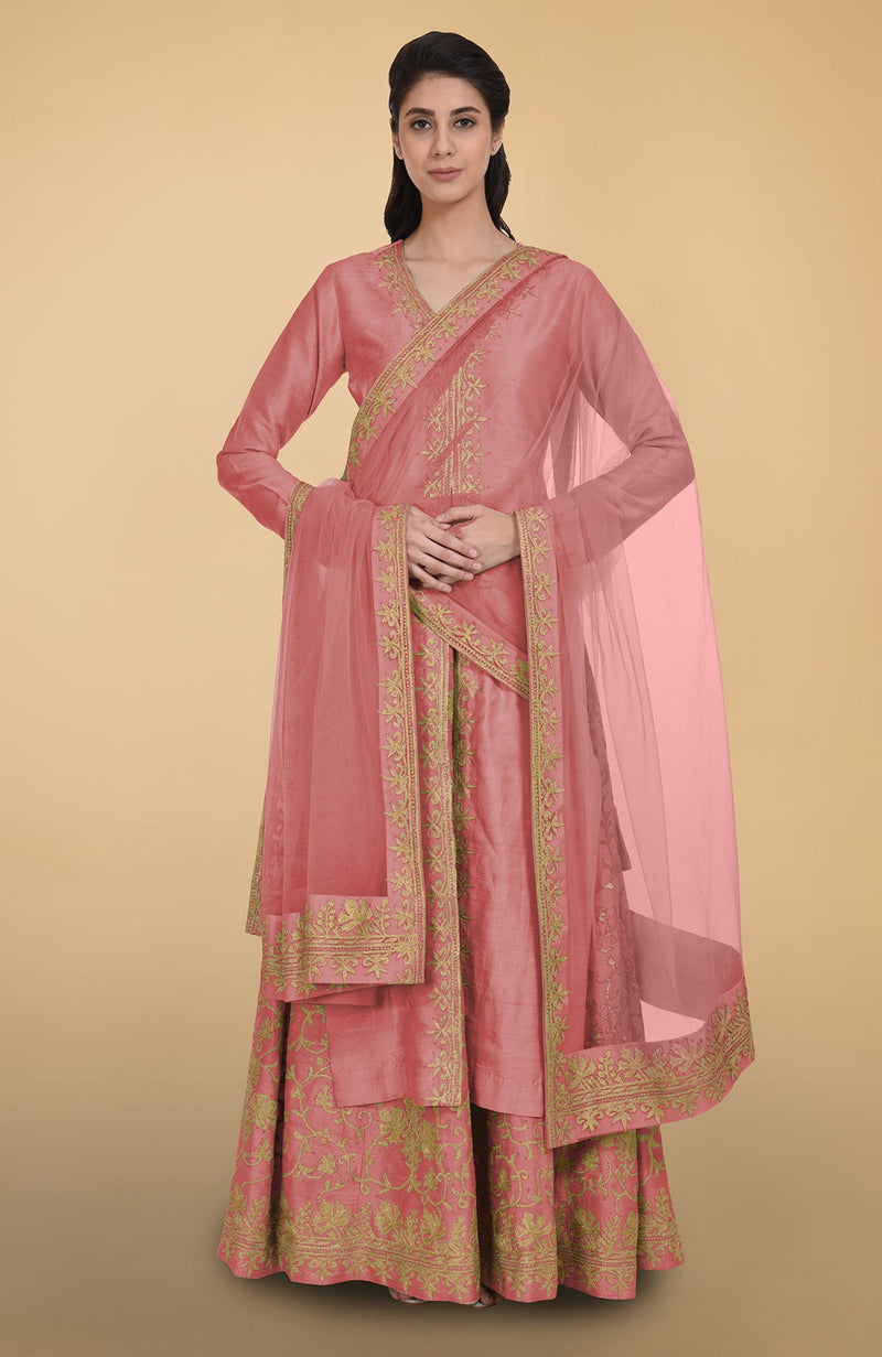 Sage Green Gold Tilla Aari Embroidered Raw Silk Lehenga Set