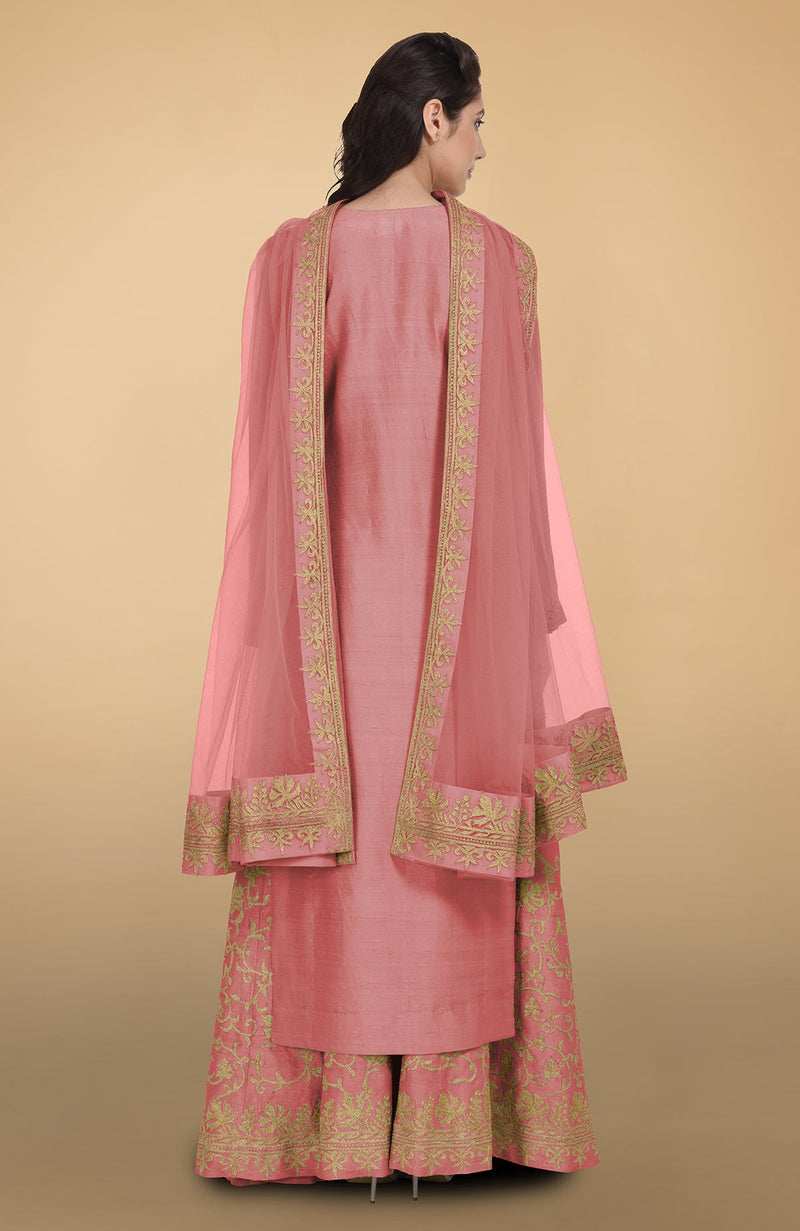 Peach Echo Gold Tilla Aari Embroidered Raw Silk Lehenga Set