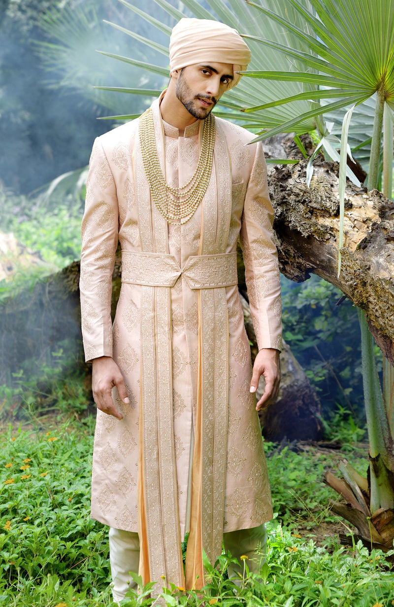 Love Comes Quietly Beige Rose Embroidered Sherwani Set