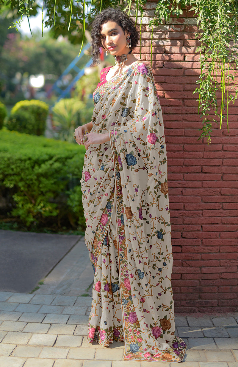 Masterpiece Cream Floral Parsi Gara Hand Embroidered Saree