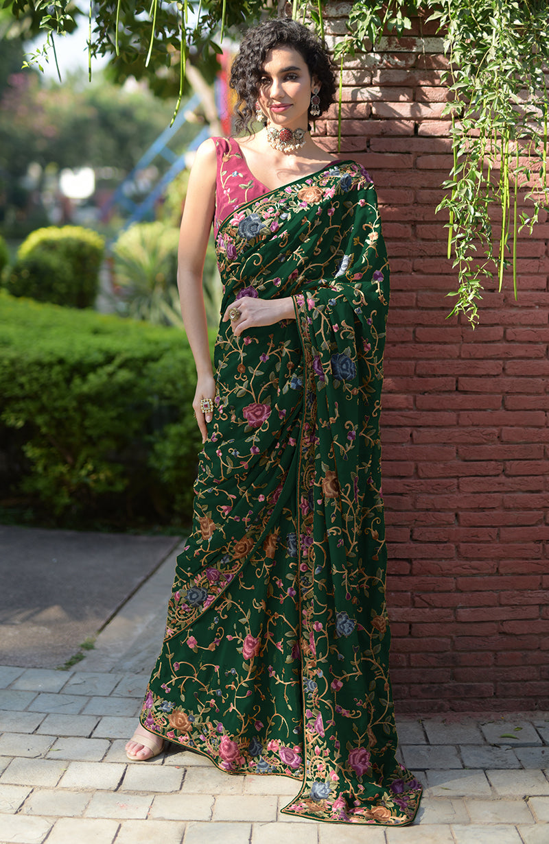 Masterpiece Emerald Green Floral Parsi Gara Hand Embroidered Saree