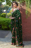 Masterpiece Emerald Green Floral Parsi Gara Hand Embroidered Saree