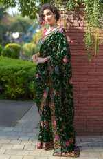 Masterpiece Emerald Green Floral Parsi Gara Hand Embroidered Saree