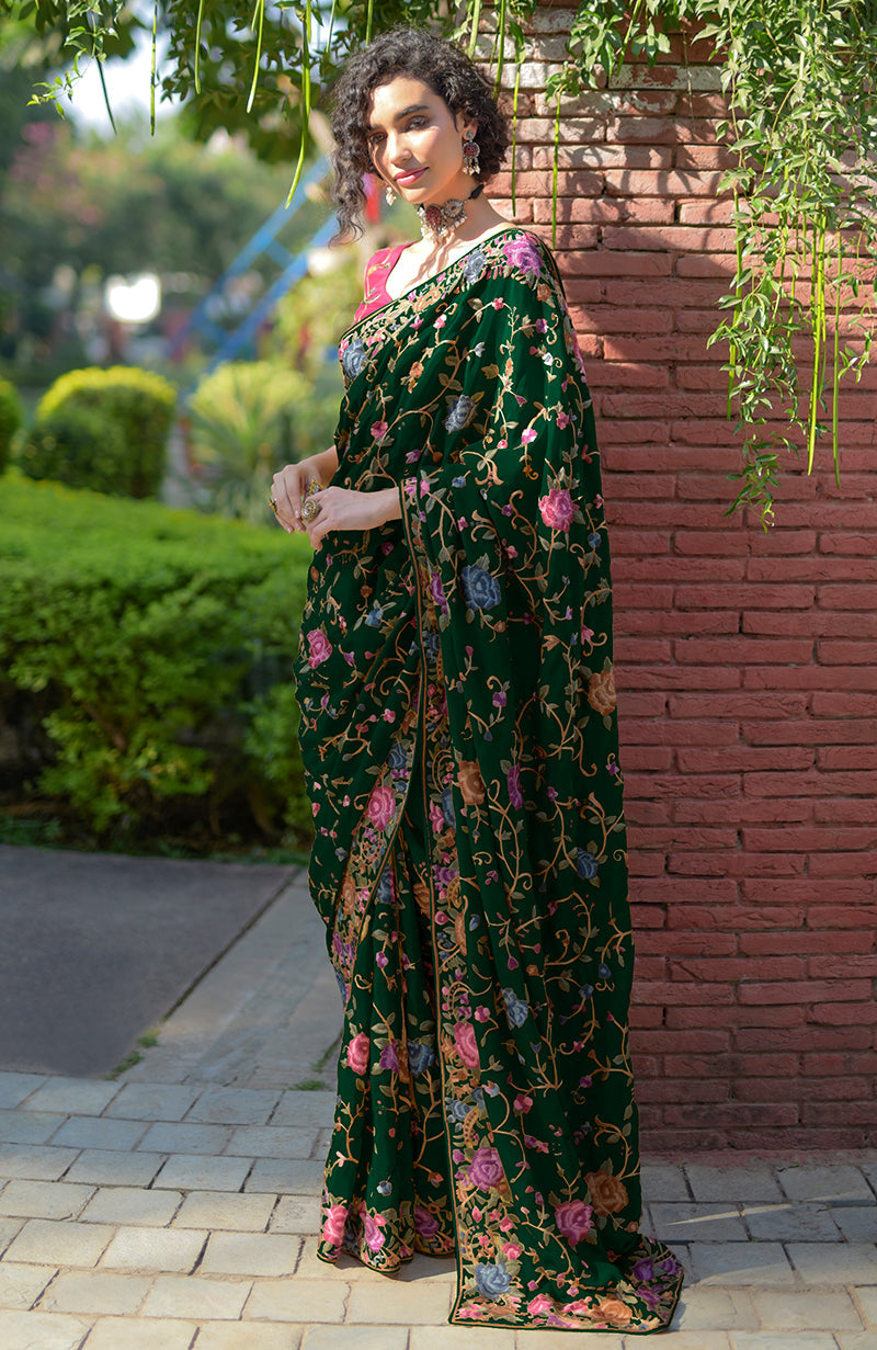 Masterpiece Emerald Green Floral Parsi Gara Hand Embroidered Saree