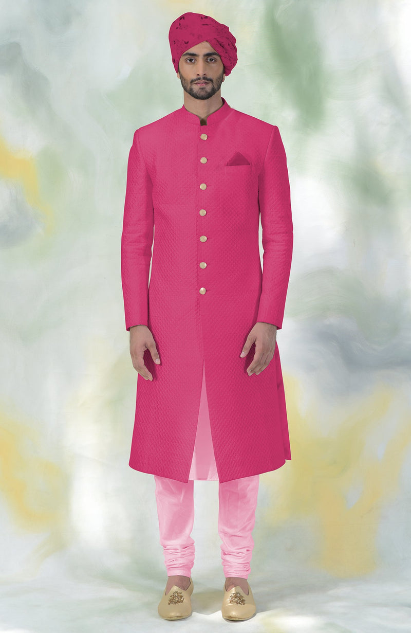 Red Micro-Quilted Silk Sherwani