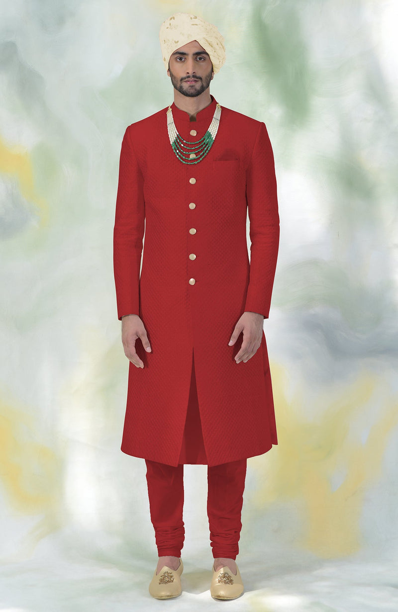 Red Micro-Quilted Silk Sherwani