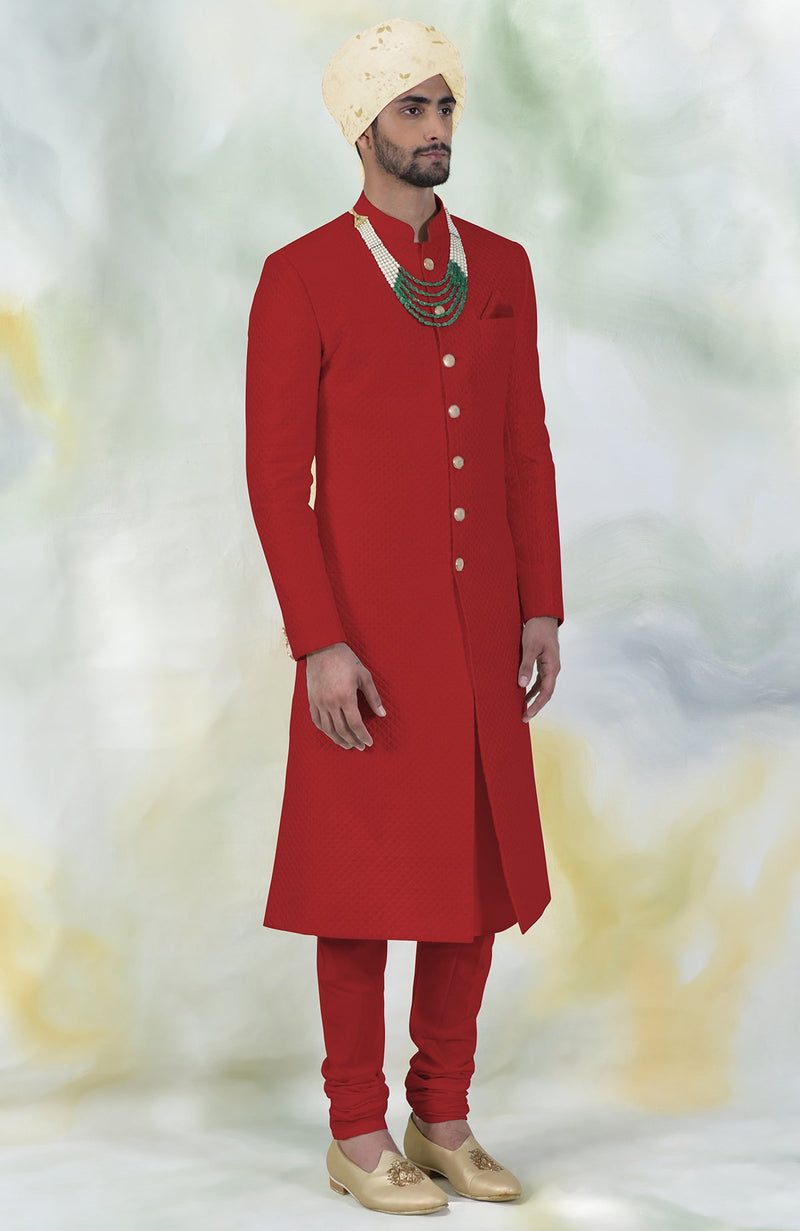 Red Micro-Quilted Silk Sherwani