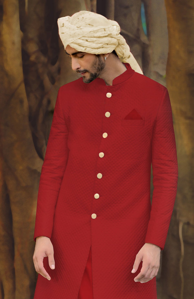 Red Micro-Quilted Silk Sherwani