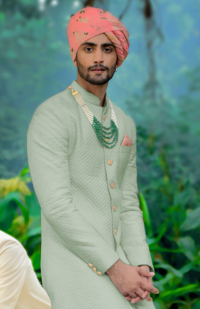 Red Micro-Quilted Silk Sherwani