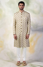 Cream Pintuck Zardozi Embroidered Sherwani Set