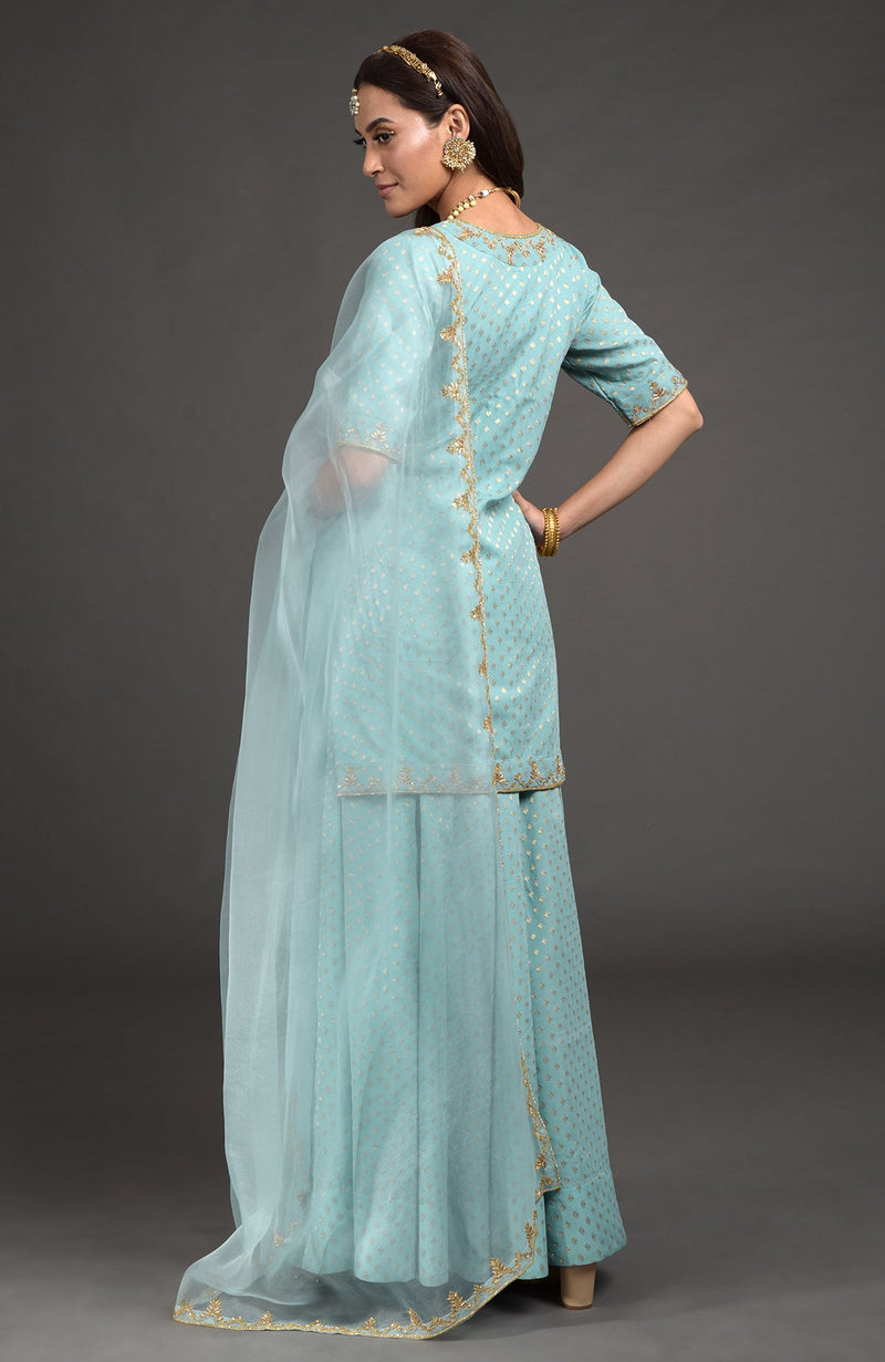 Aqua Haze Benarasi Weave Zardozi Embroidered Lehenga Set