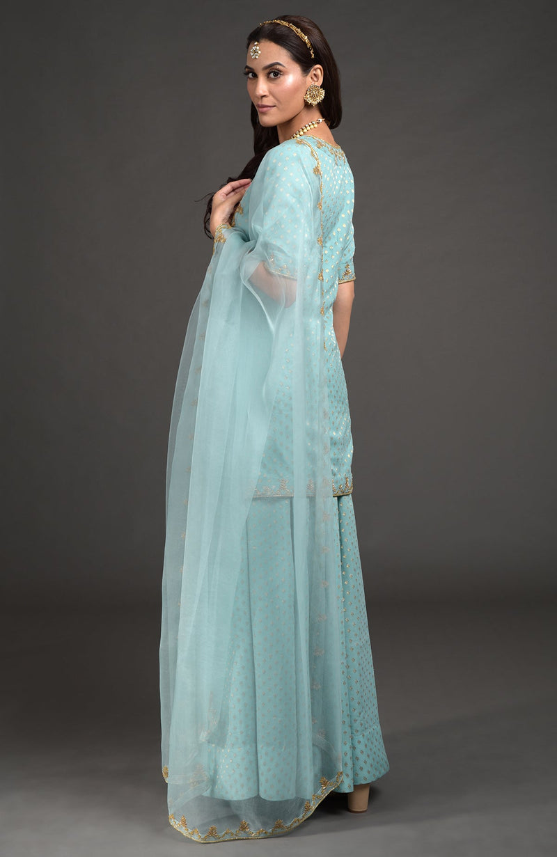 Aqua Haze Benarasi Weave Zardozi Embroidered Lehenga Set