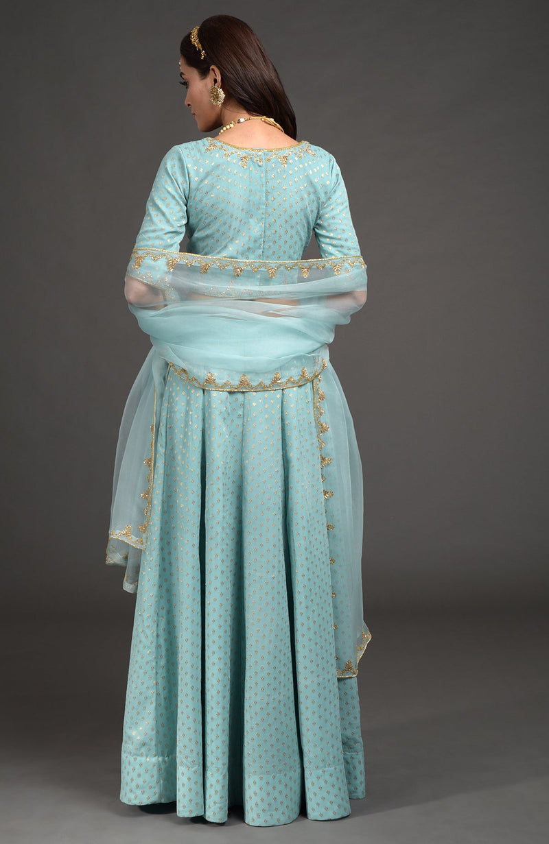 Aqua Haze Benarasi Weave Zardozi Embroidered Lehenga Set