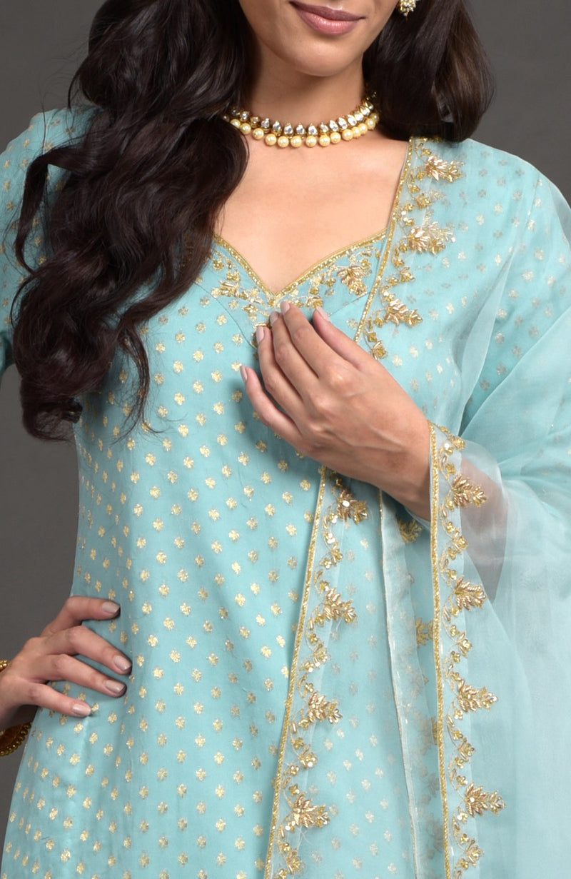 Aqua Haze Benarasi Weave Zardozi Embroidered Lehenga Set