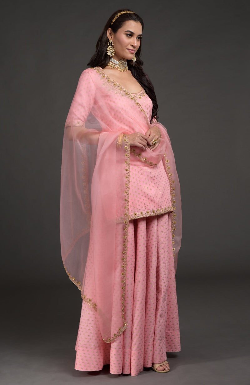 Strawberry Pink Benarasi zardozi embroidered lehenga set