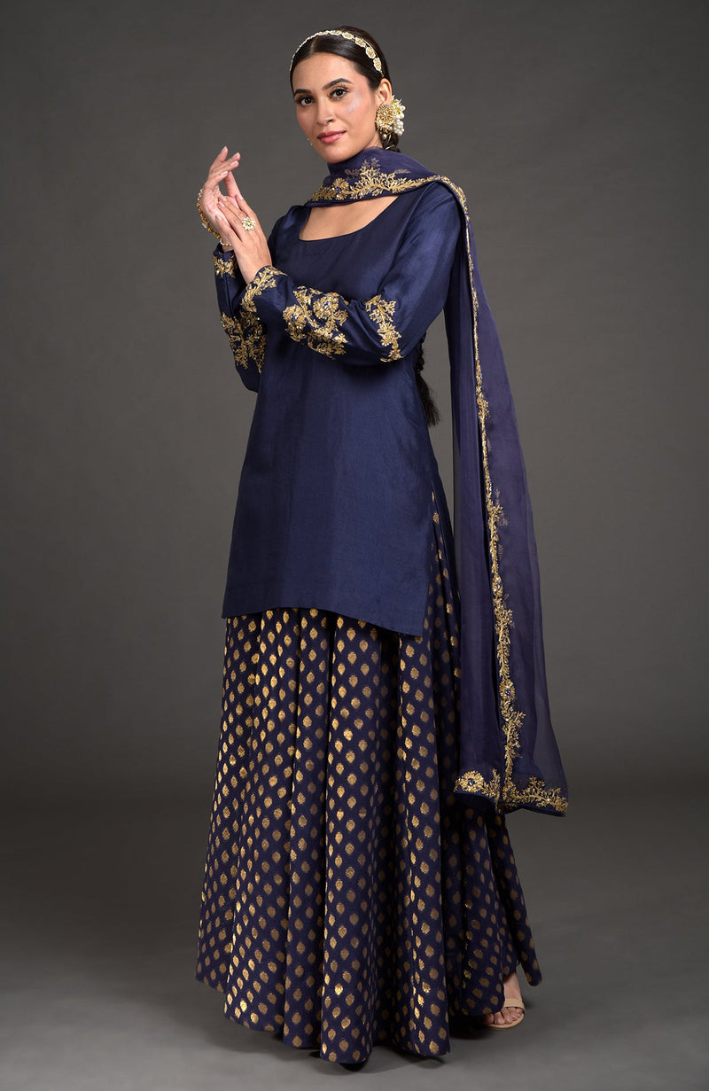 Eclipse Blue Benares Weave Zardozi Embroidered Lehenga Set