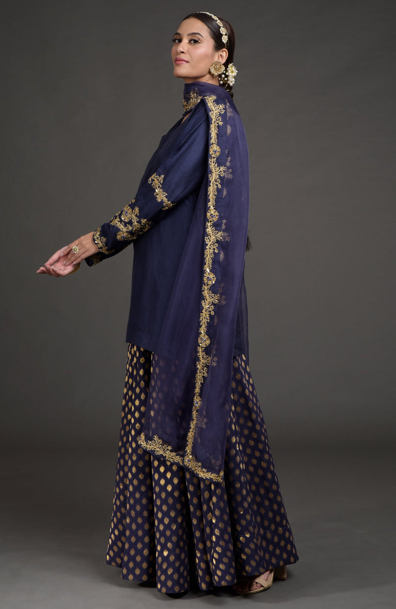 Eclipse Blue Benares Weave Zardozi Embroidered Lehenga Set