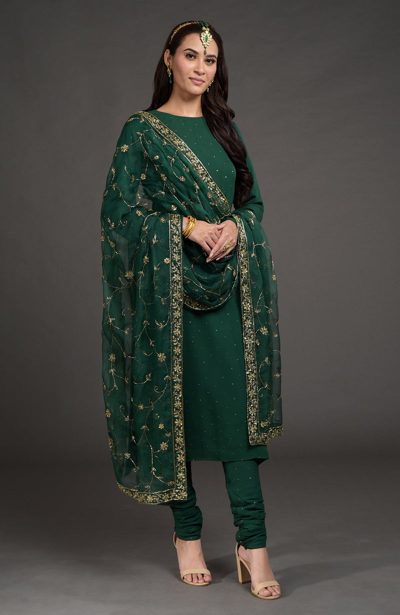 Emerald Green-Gold Zardozi Beads & Sequin Hand Embroidered Dupatta