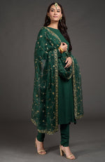 Emerald Green-Gold Zardozi Beads & Sequin Hand Embroidered Dupatta