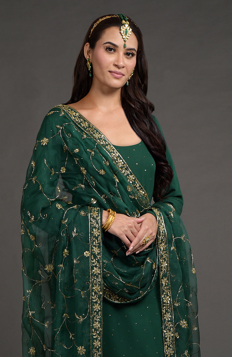 Emerald Green Mukaish- Zardozi Embroidered Kurta Set