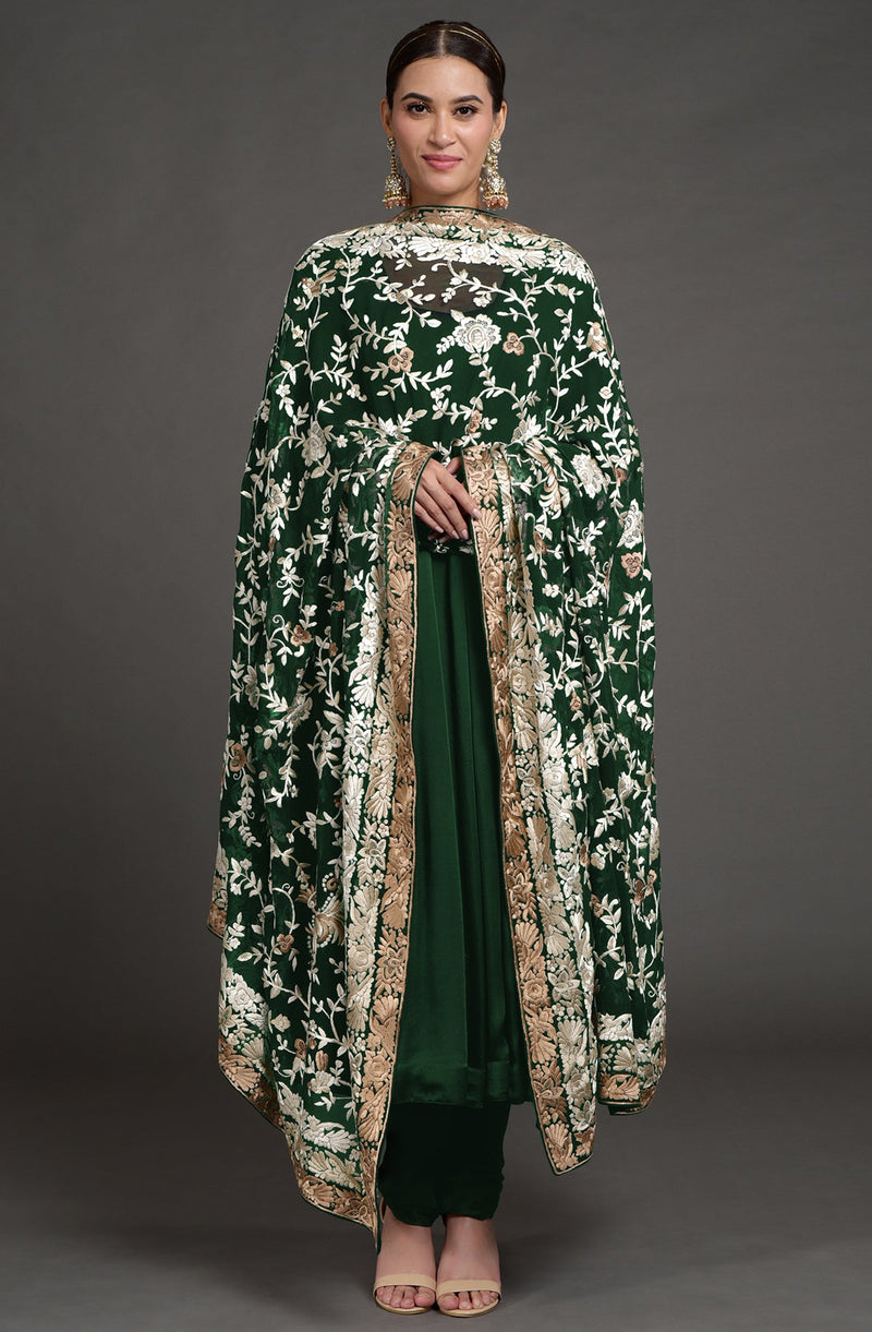 Masterpiece Maroon Floral Parsi Gara Hand Embroidered Dupatta