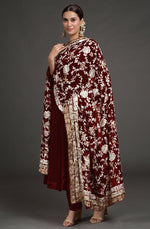 Masterpiece Maroon Floral Parsi Gara Hand Embroidered Dupatta