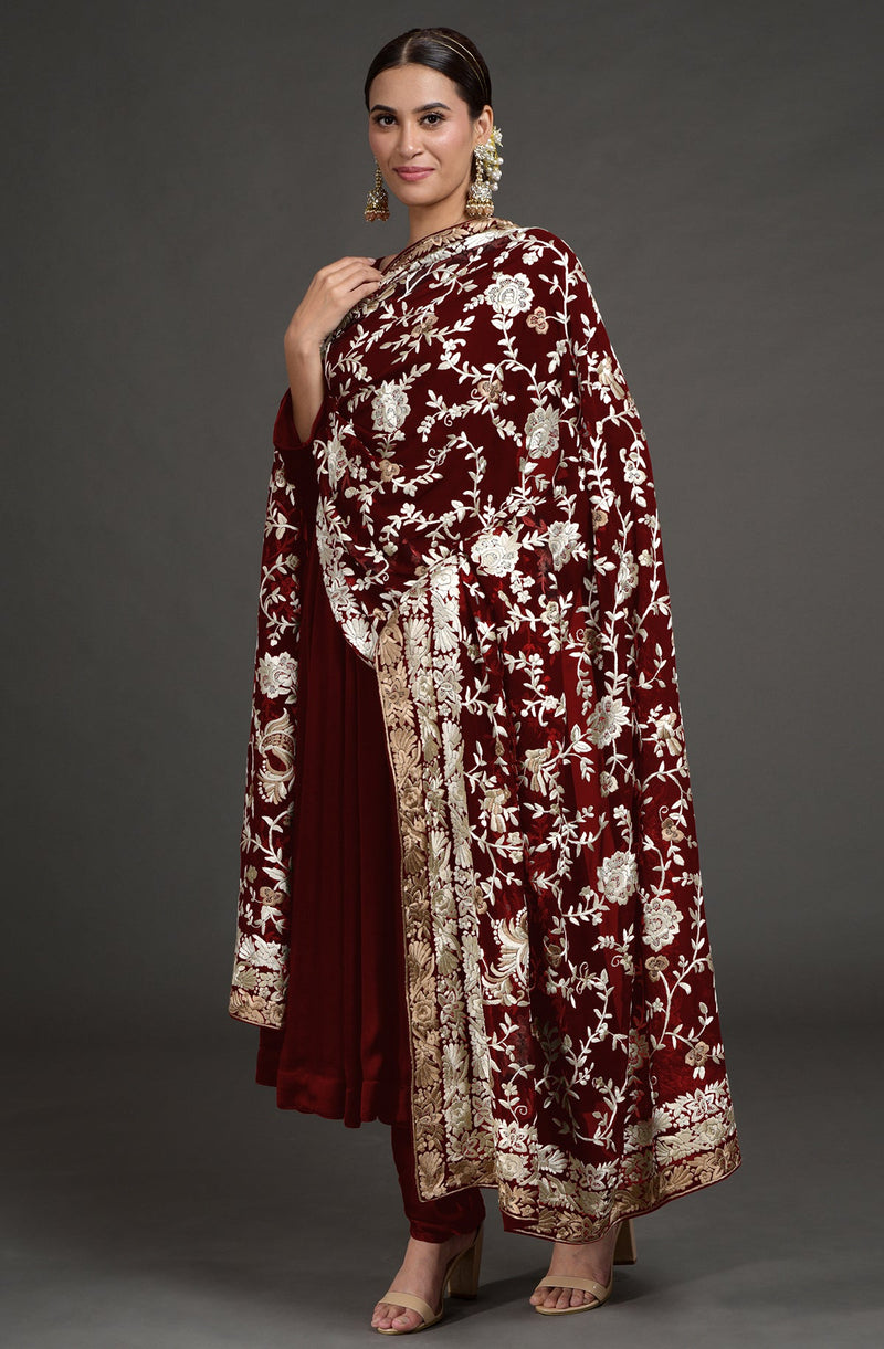 Masterpiece Maroon Floral Parsi Gara Hand Embroidered Dupatta