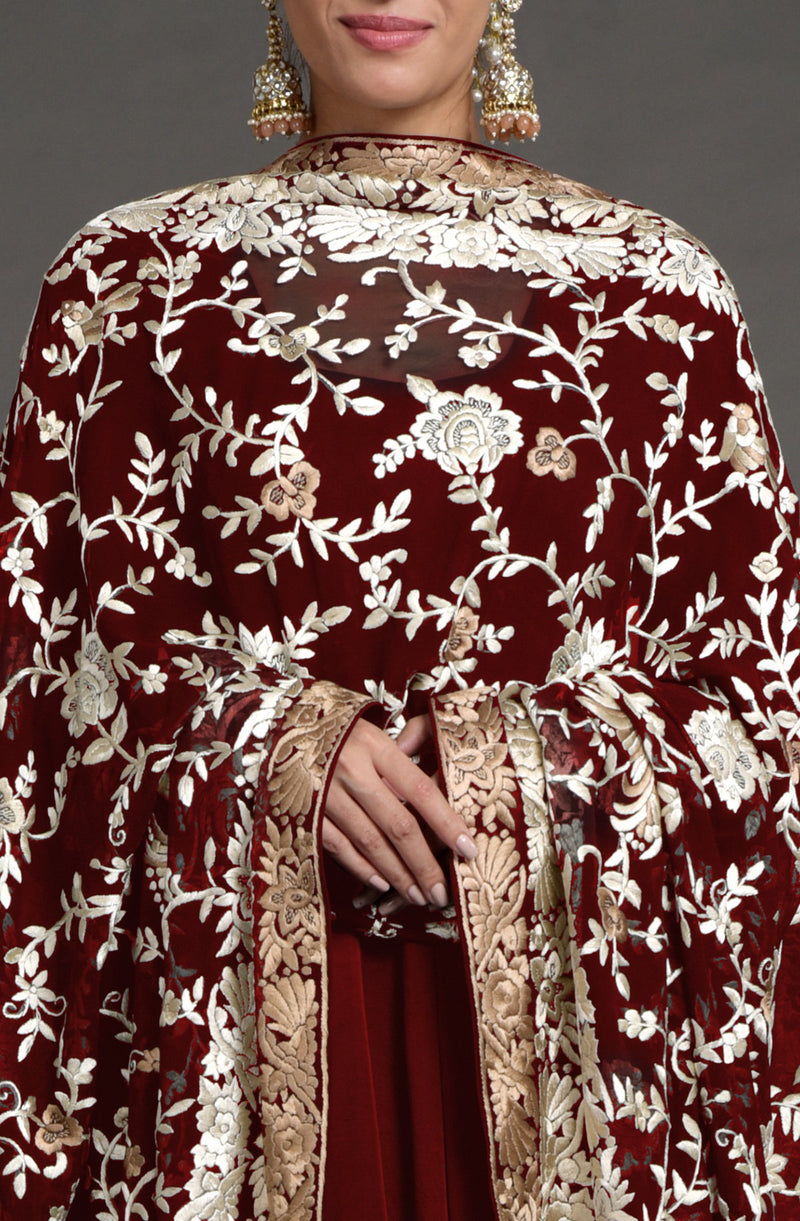 Masterpiece Maroon Floral Parsi Gara Hand Embroidered Dupatta