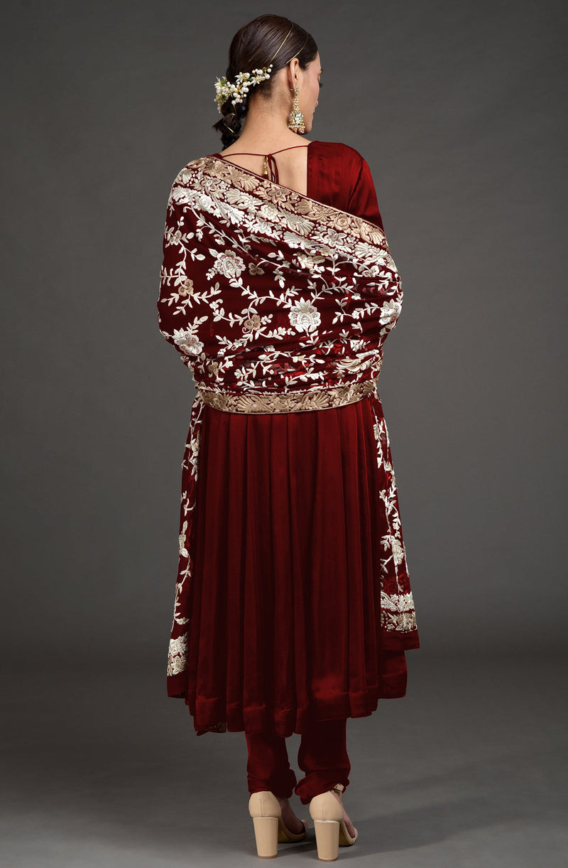 Masterpiece Maroon Floral Parsi Gara Hand Embroidered Dupatta