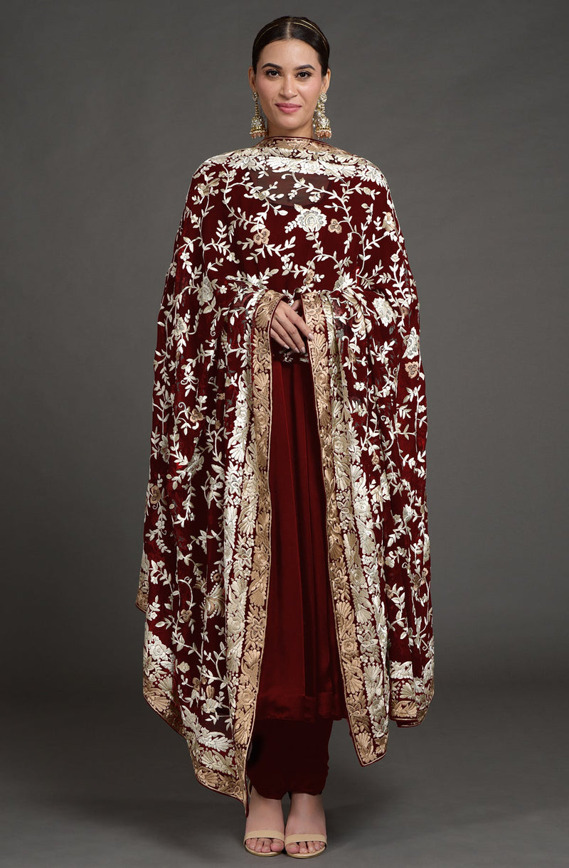 Masterpiece Maroon Floral Parsi Gara Hand Embroidered Dupatta