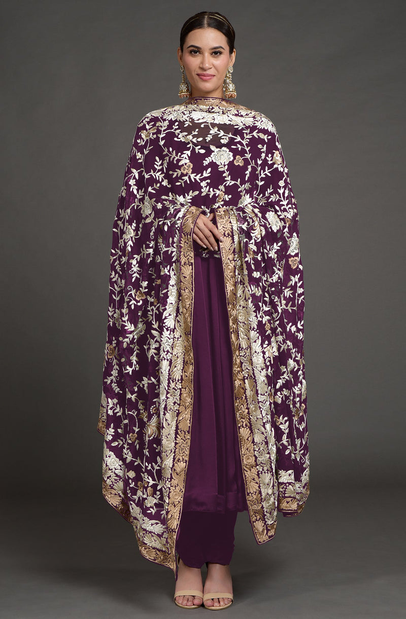 Masterpiece Maroon Floral Parsi Gara Hand Embroidered Dupatta