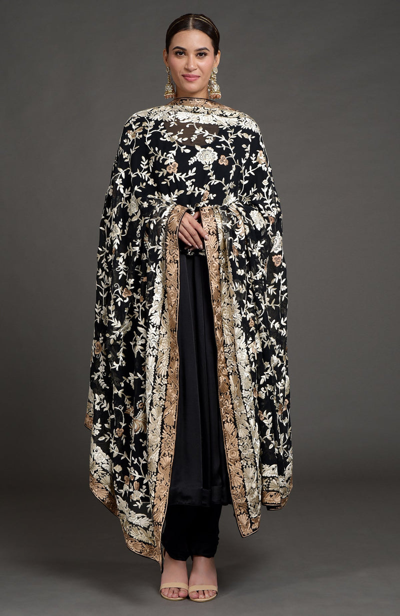 Masterpiece Maroon Floral Parsi Gara Hand Embroidered Dupatta