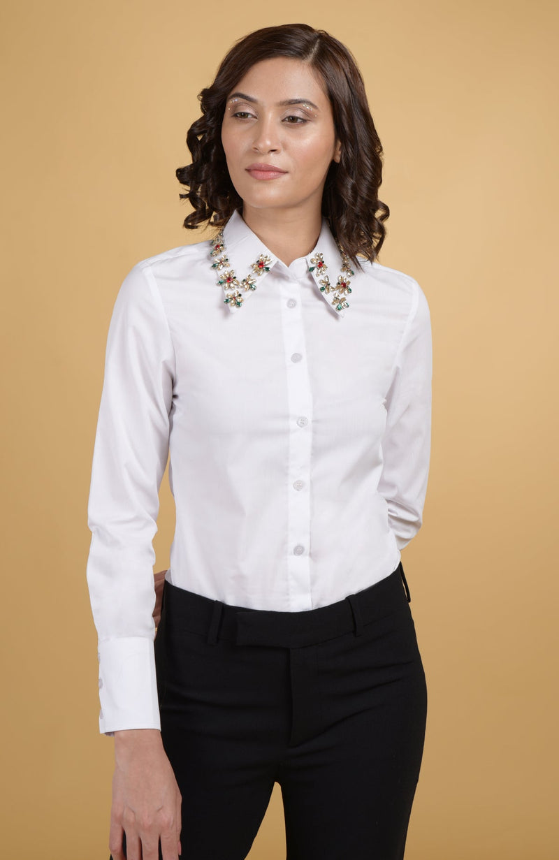 Jeweled Crystal Collar Hand Embroidered Shirt