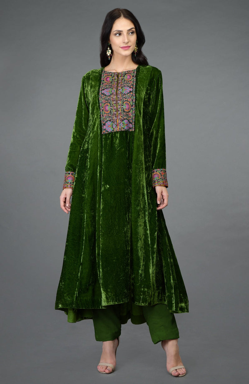 Courtyard Green Kashmiri Kashidakari Hand Embroidered Kurta Set