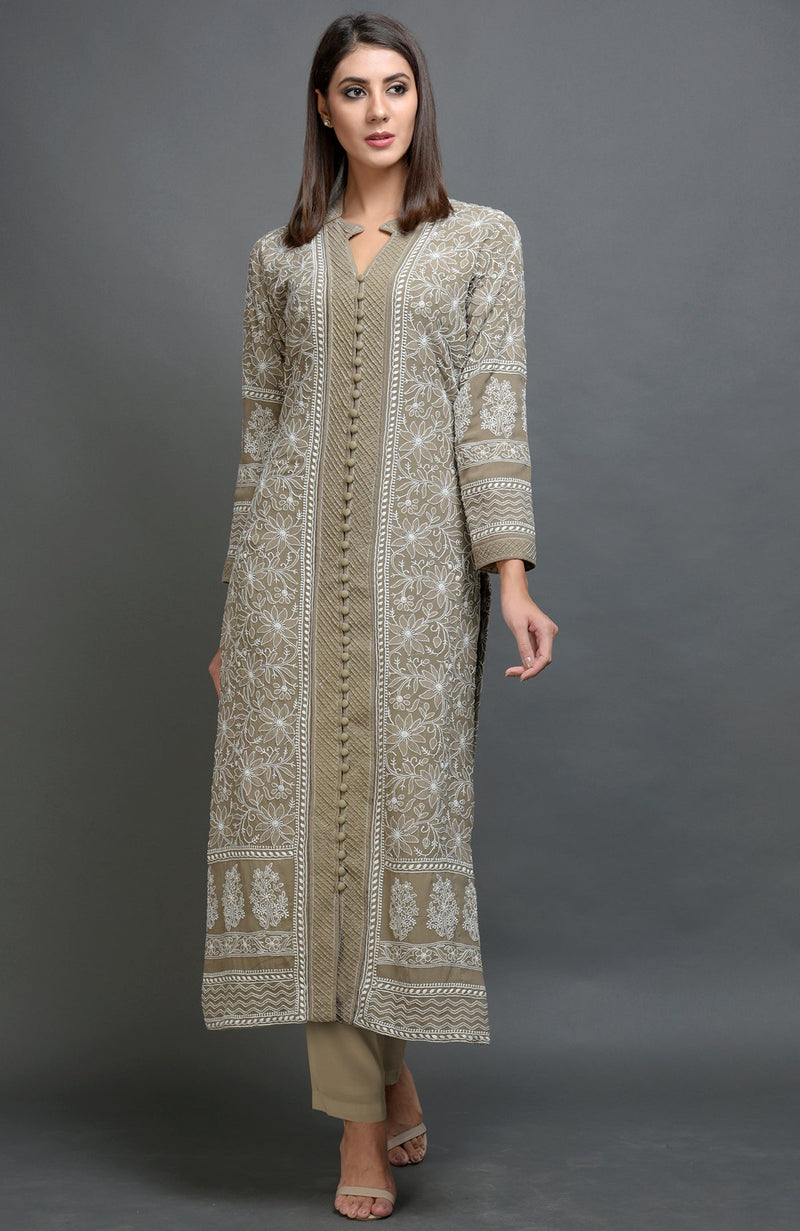 Peanut Butter Chikankari Embroidered Jacket Set