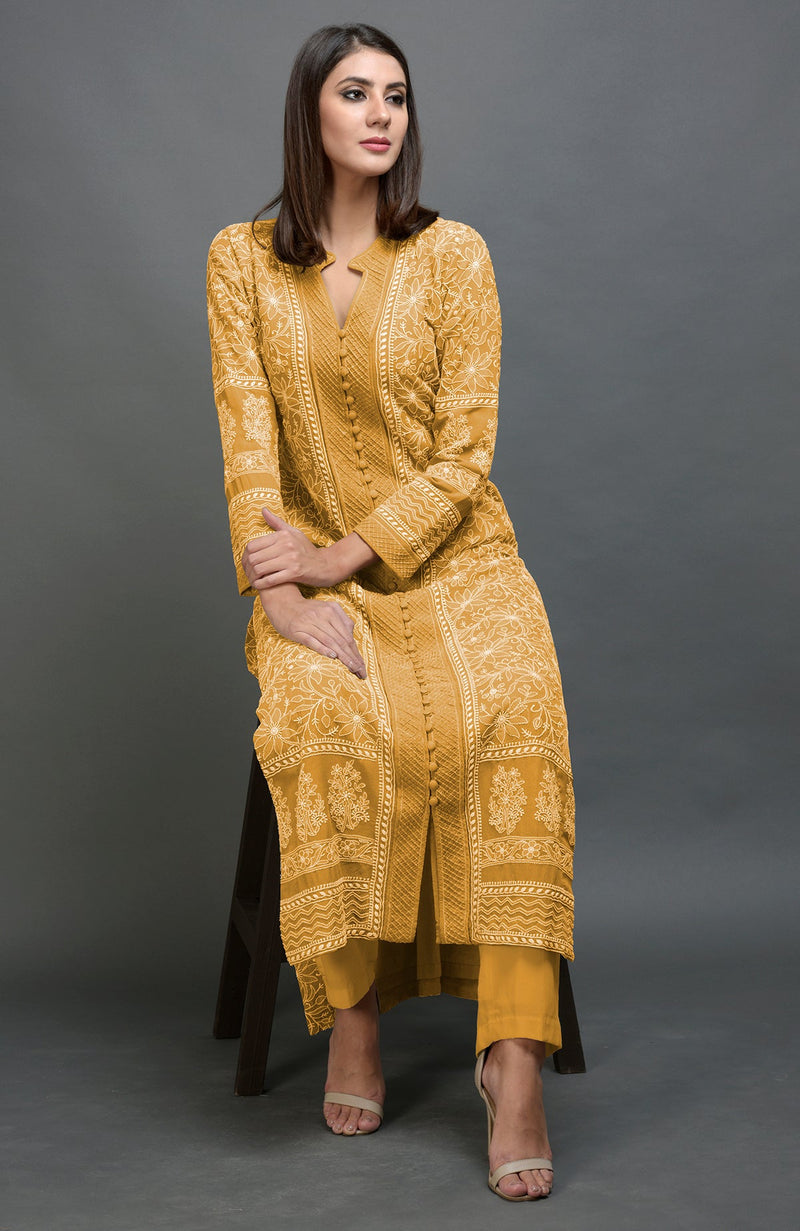 Peanut Butter Chikankari Embroidered Jacket Set
