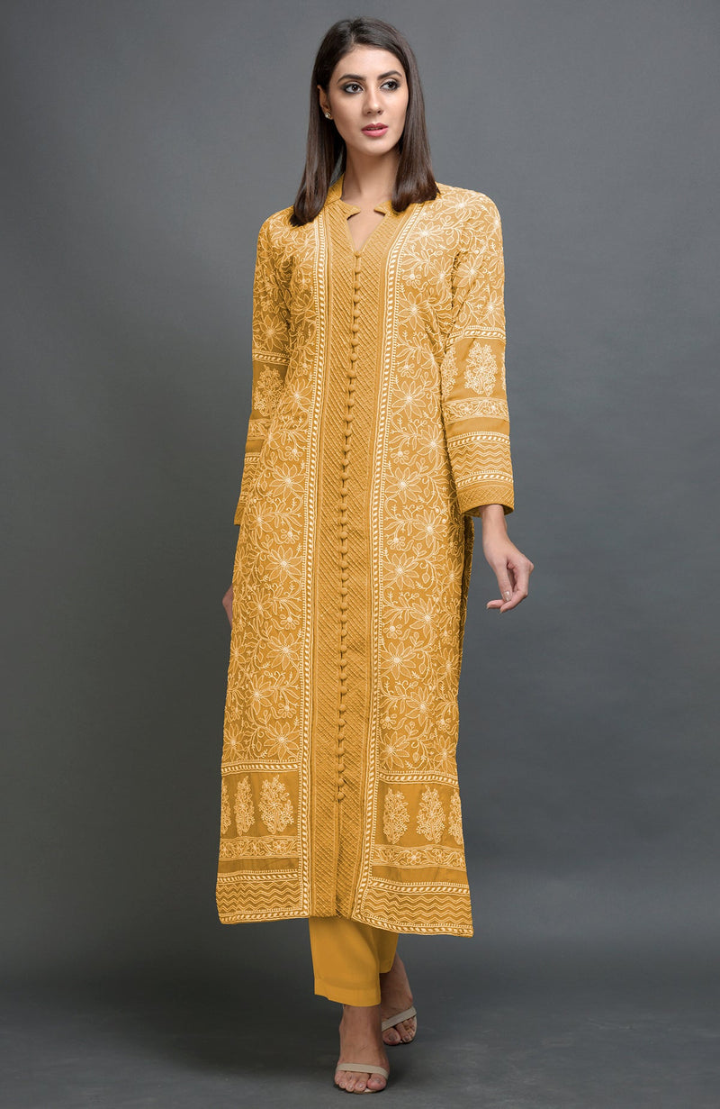 Peanut Butter Chikankari Embroidered Jacket Set