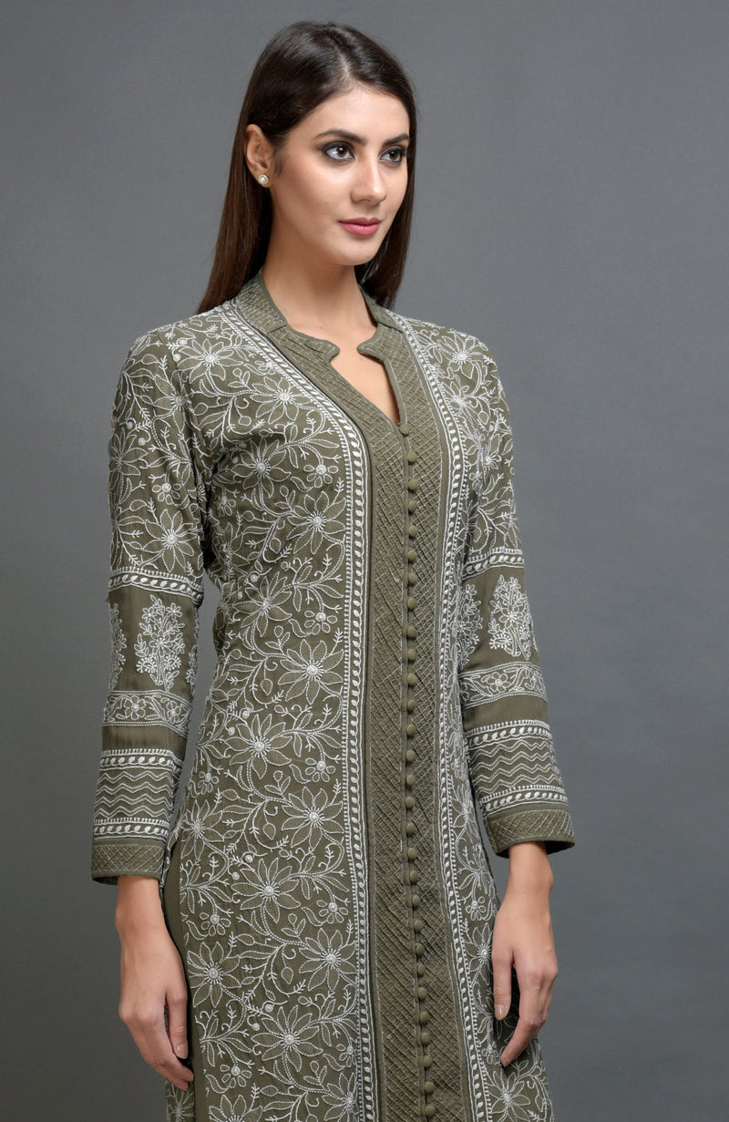 Olive Chikankari Embroidered Jacket Set